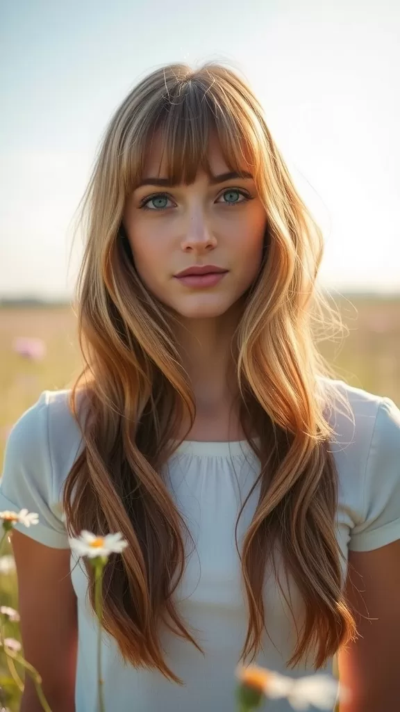 A woman with long layered hair and soft bangs, standing in a field of flowers.
