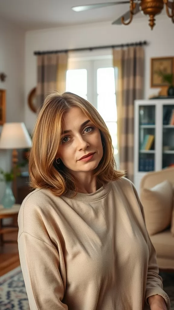 A woman with medium length hair styled in a soft bob with side-parted bangs, wearing a beige sweater in a cozy room