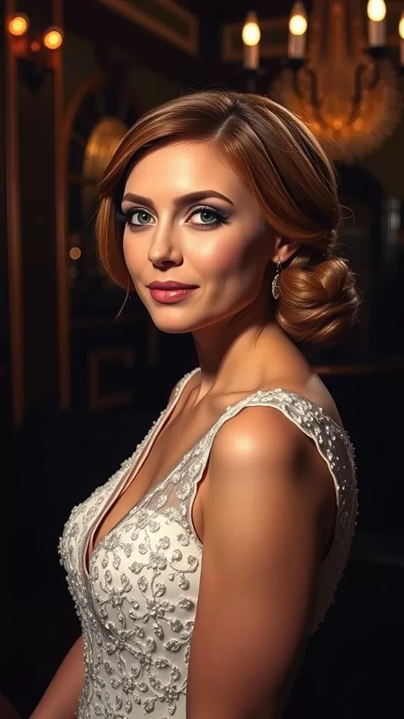 A bride with a soft bun and vintage finger waves, wearing a stunning wedding dress.