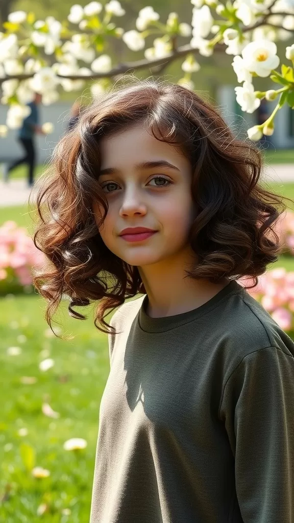 A young girl with soft curled bob hairstyle standing in a garden with flowers.