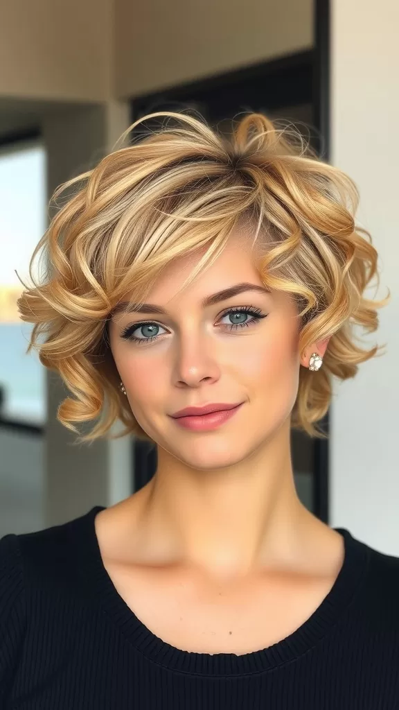 A woman with a soft curled pixie haircut, smiling and looking elegant.