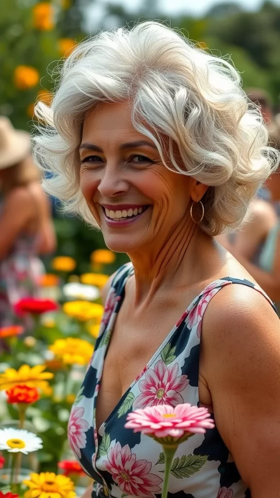 A woman with soft curls and a tapered back hairstyle, smiling in a flower garden.