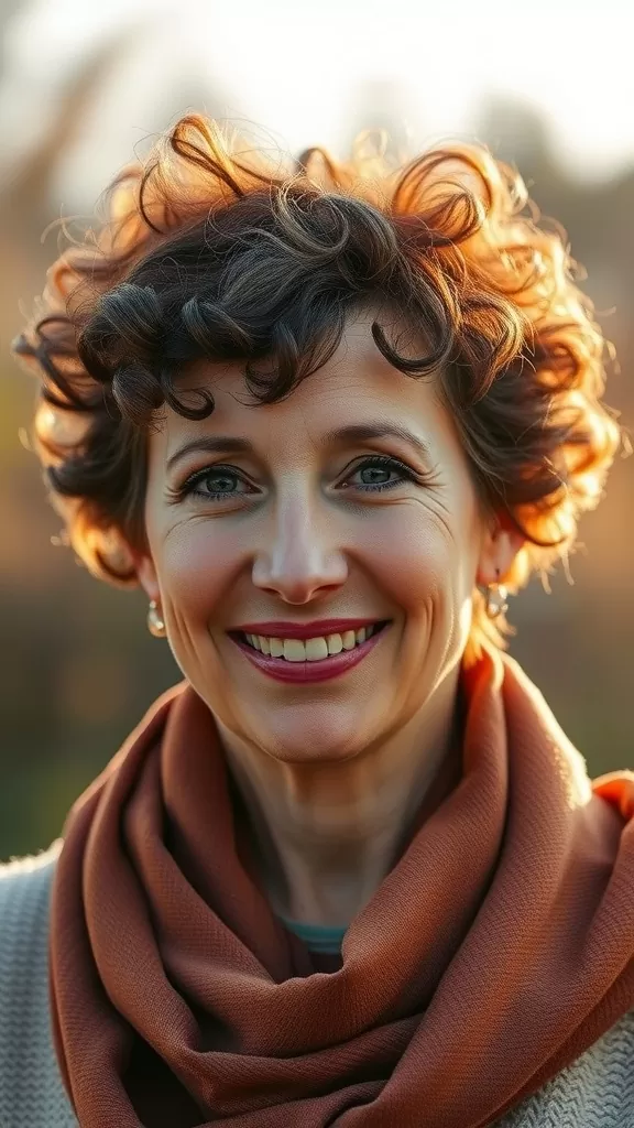A woman with a soft curly crop hairstyle, smiling warmly while wearing a cozy scarf.
