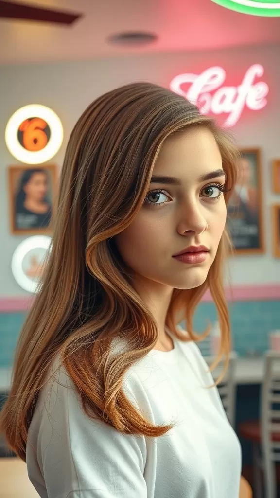 A teenage girl with soft finger waves hairstyle, looking at the camera in a vibrant cafe setting.