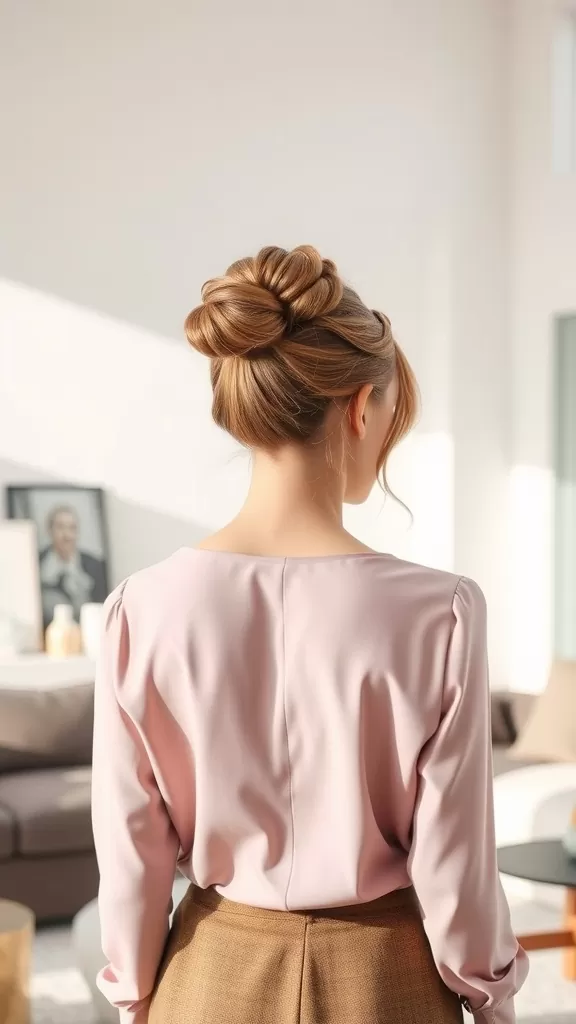 A woman with a soft knotted updo hairstyle, showcasing a neat bun at the back of her head.