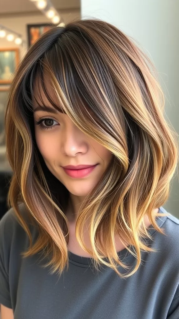 A woman with a soft layered bob haircut, featuring gentle waves and highlights, smiling softly.