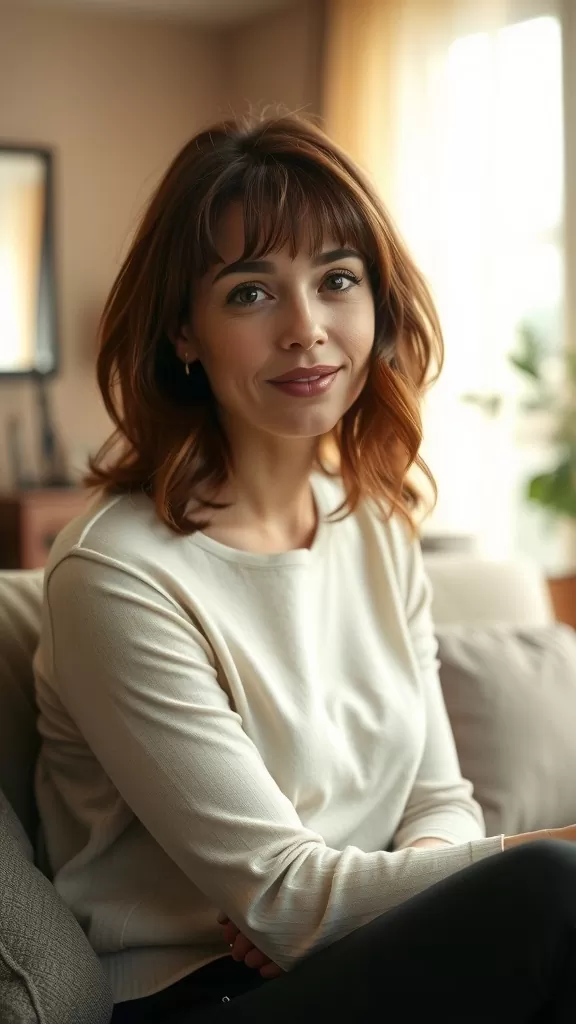A woman with soft layered hair and feathered bangs, sitting comfortably on a couch, showcasing a warm and inviting hairstyle.
