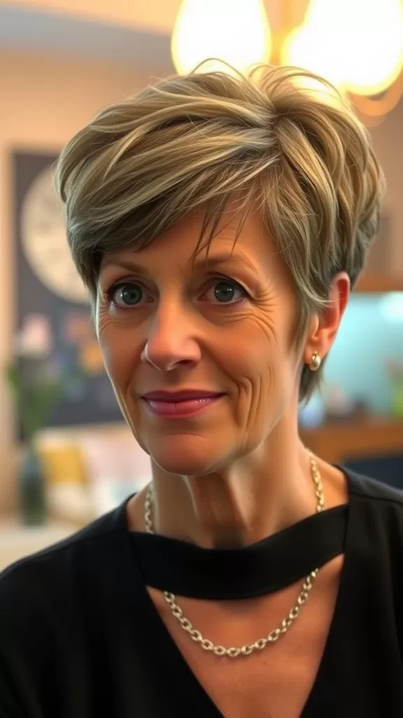 A woman with a soft layered pixie haircut, smiling in a cozy indoor setting.