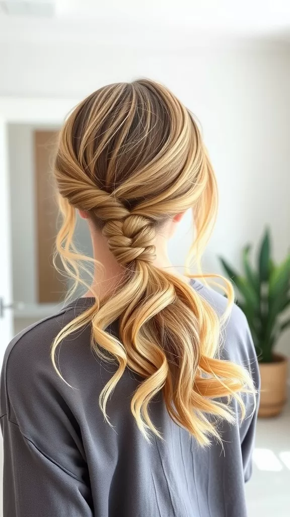 A woman showing a soft low ponytail with twists, featuring flowing waves and an elegant style.
