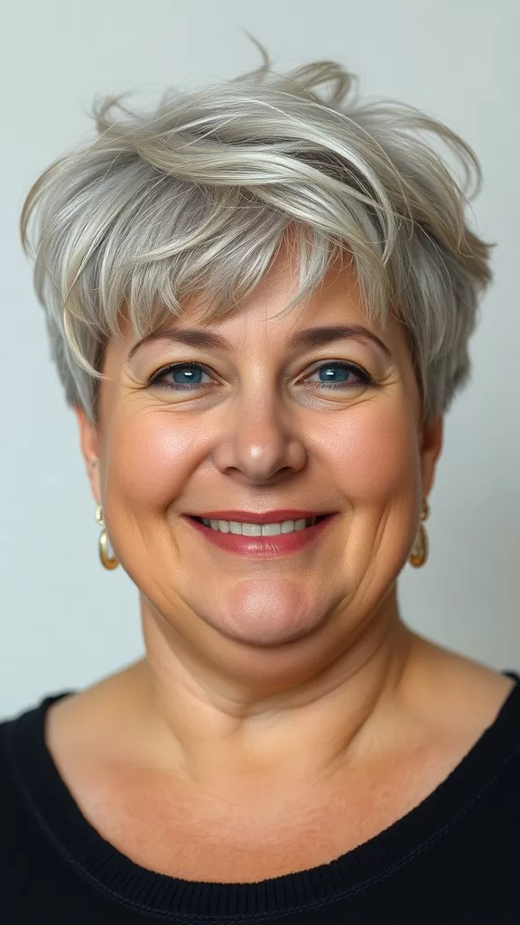 A woman with a soft pixie cut, smiling warmly at the camera