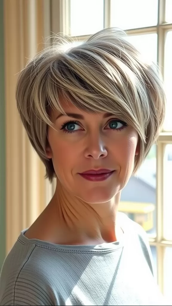 A woman with a soft pixie haircut and side-swept bangs, looking stylish and confident.