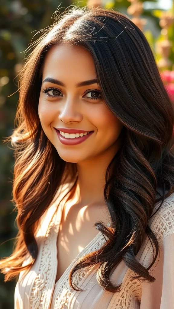 A woman with long hair styled in soft shag with face-framing curls, smiling outdoors.