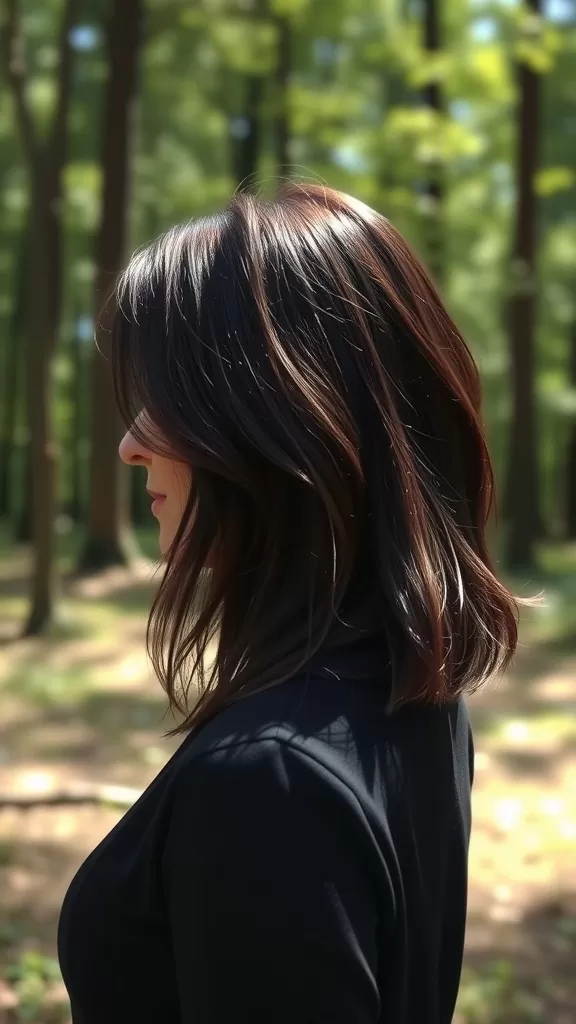 A woman with long, soft shag haircut standing in a forest.