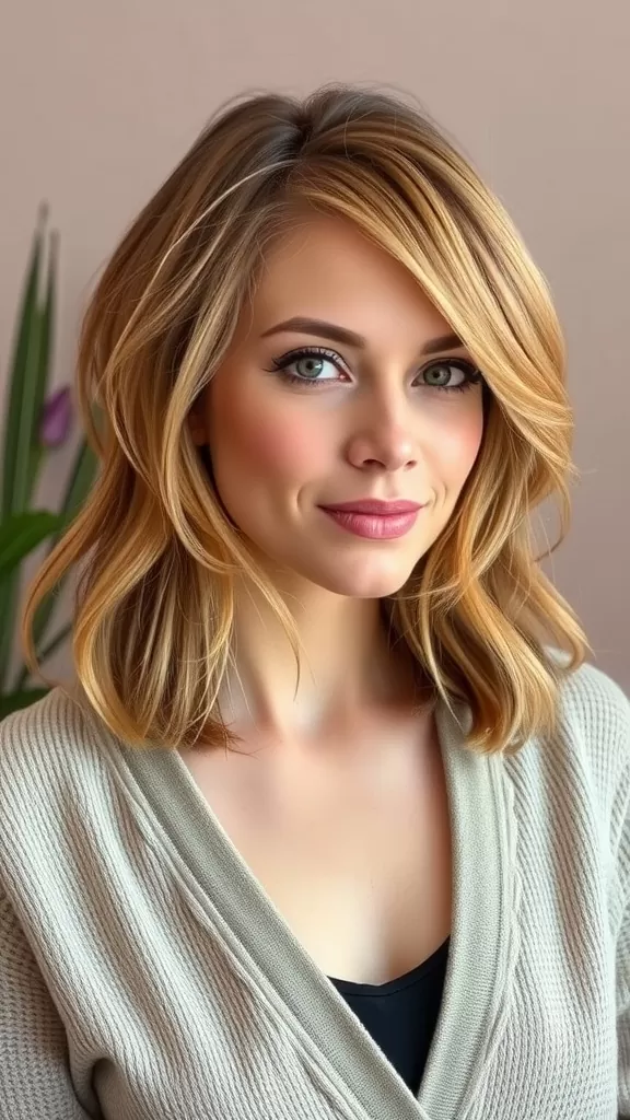 A woman with medium length hair styled in a soft shag with subtle layers, wearing a cozy sweater