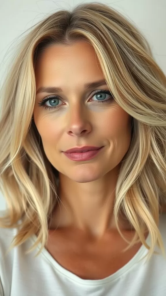 A woman with a soft shag haircut featuring subtle waves, looking confident and stylish.