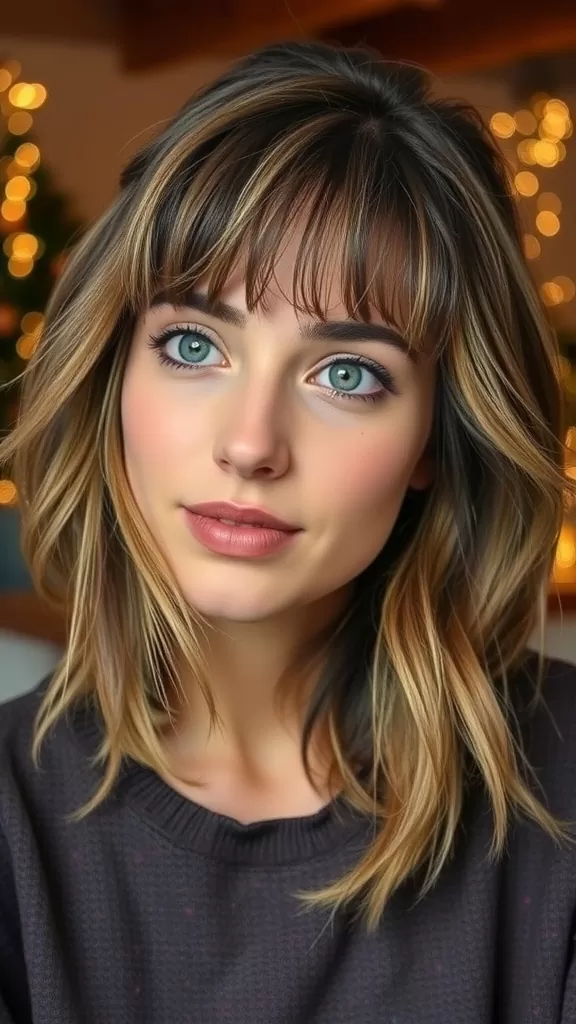 A woman with soft shag haircut and wavy bangs, looking stylish and confident.