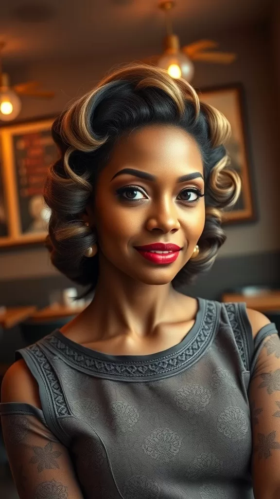A woman with soft vintage rolls hairstyle, showcasing defined curls and a sophisticated look.
