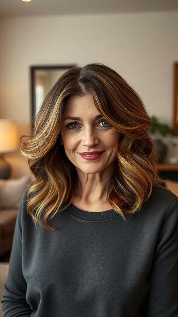 A woman with medium length soft waves and a side part, smiling warmly in a cozy setting.