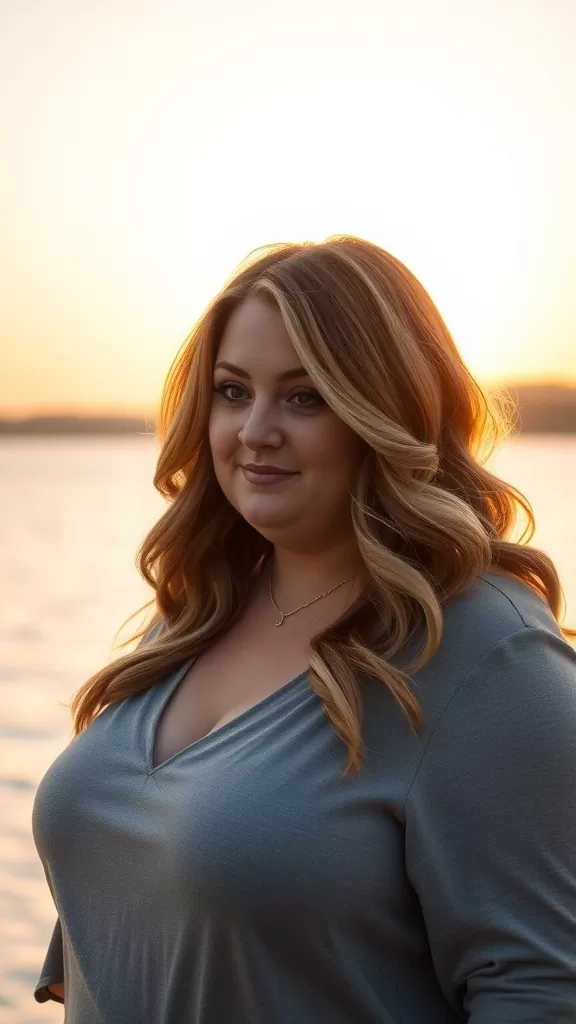 A woman with soft waves and a side part, standing by the water at sunset.