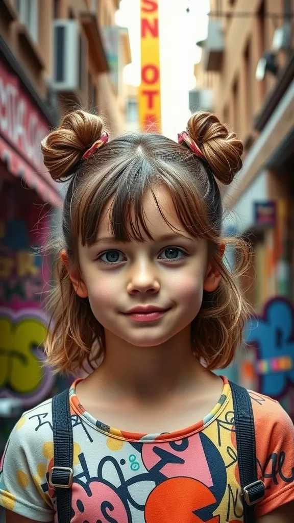A girl with space buns hairstyle, smiling in a colorful alley.