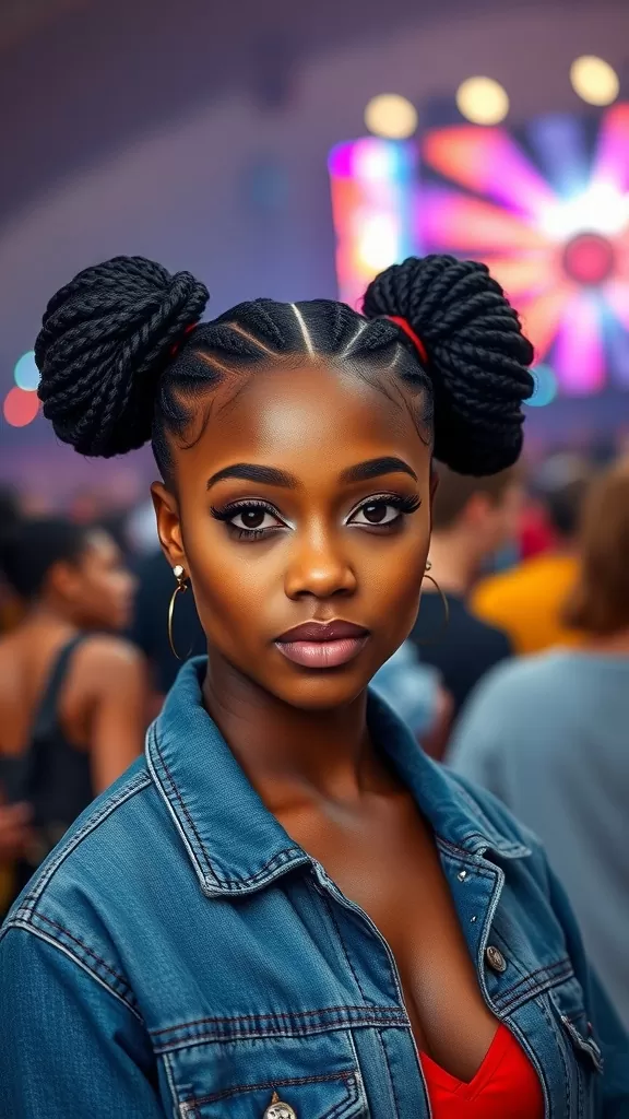 A woman with space buns and cornrows looking confidently at the camera in a vibrant setting.