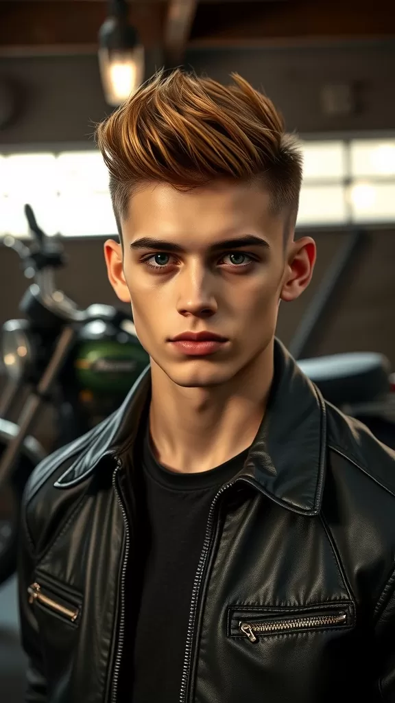Young man with spiky hair and low fade hairstyle, wearing a leather jacket.