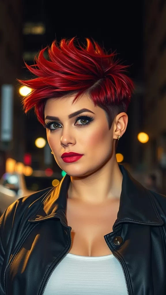 Woman with a spiky pixie haircut in vibrant red color, wearing a leather jacket, posing confidently at night.