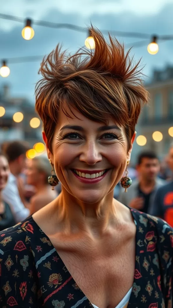 Woman with a spiky pixie haircut and highlights, smiling at a social event.