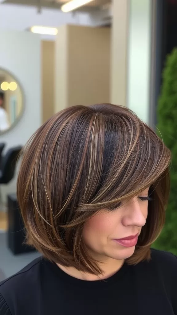 A woman with a stacked bob haircut, featuring layers and highlights, standing in a salon.