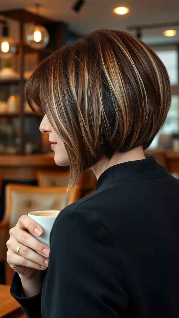 A woman with a stylish stacked bob haircut, showcasing layers and highlights, holding a cup of coffee.
