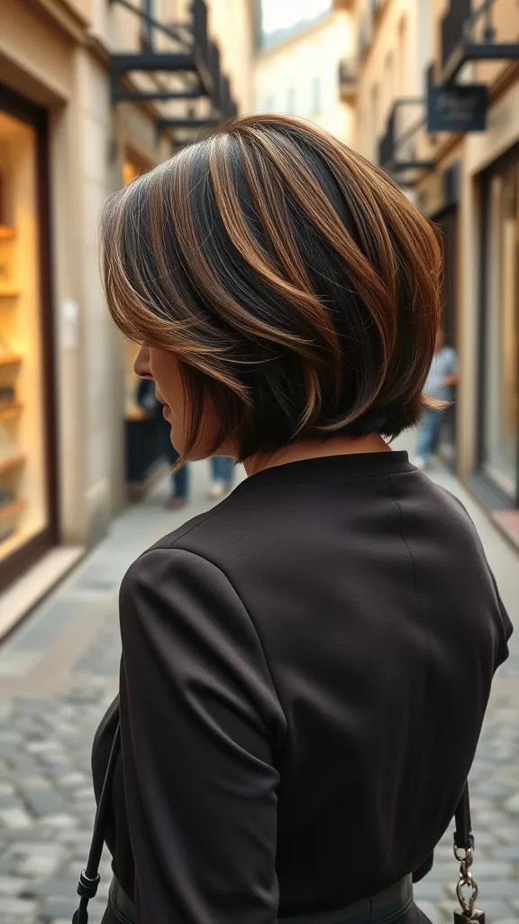 A woman with a stacked bob haircut featuring subtle highlights, seen from behind in a stylish urban setting.
