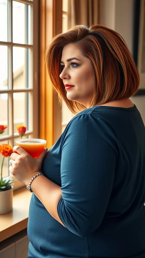 A woman with stacked bob hairstyle holding a cup, seen from the back in a cozy setting