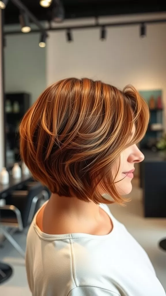 A woman with a stacked layered bob hairstyle, showcasing warm tones and soft waves.