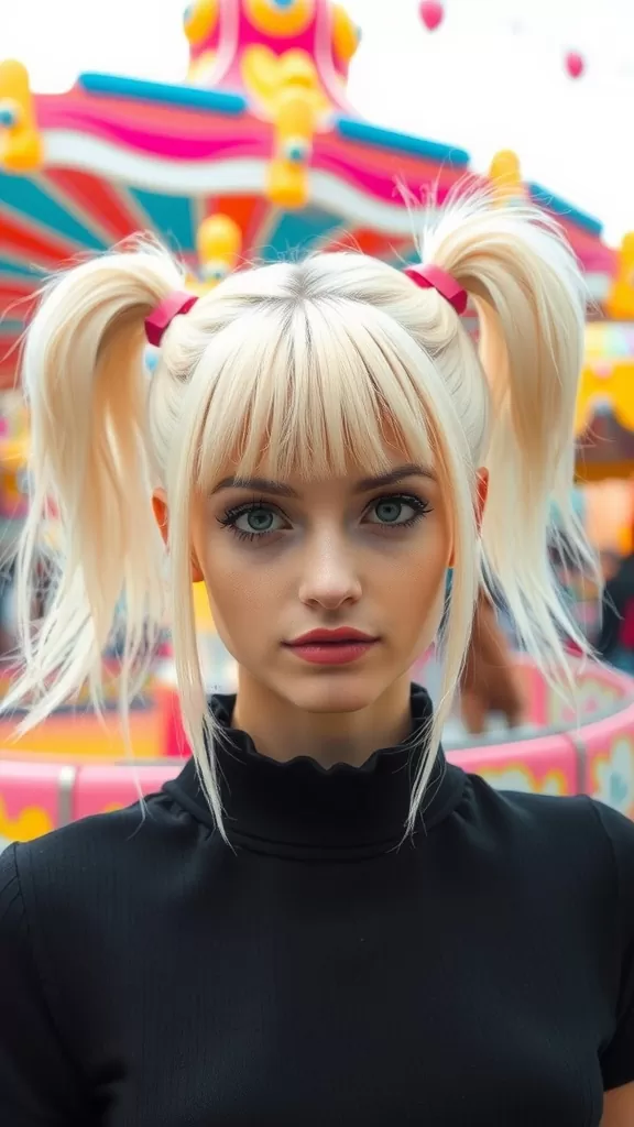 A woman with straight bangs and high pigtails, showcasing a playful hairstyle.