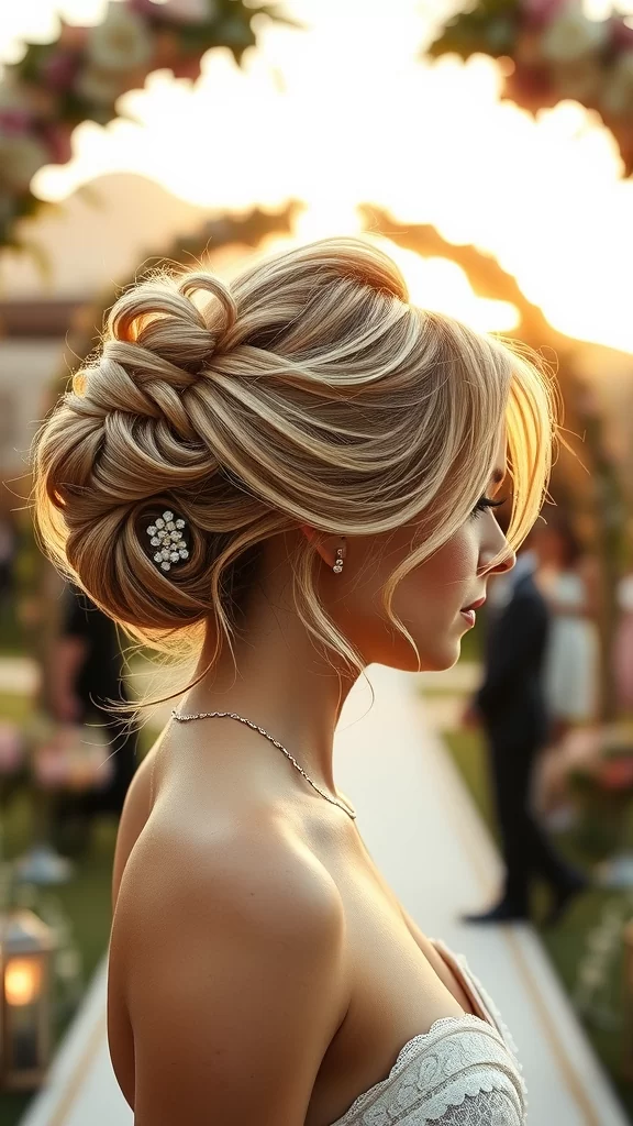 A young woman with straight bangs and low twin braids, smiling softly in a field.