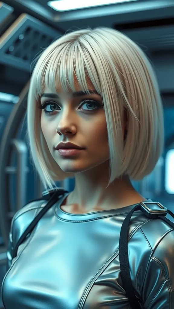 A woman with a straight bob haircut and rounded bangs, showcasing a sleek style.