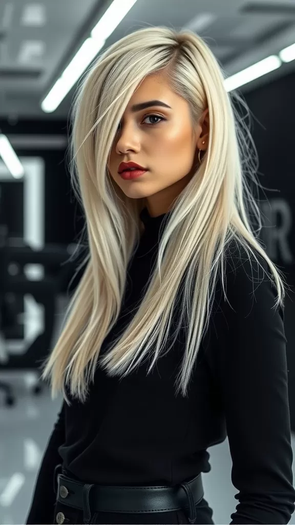 A woman with long straight hair and asymmetrical layers, showcasing a modern hairstyle.