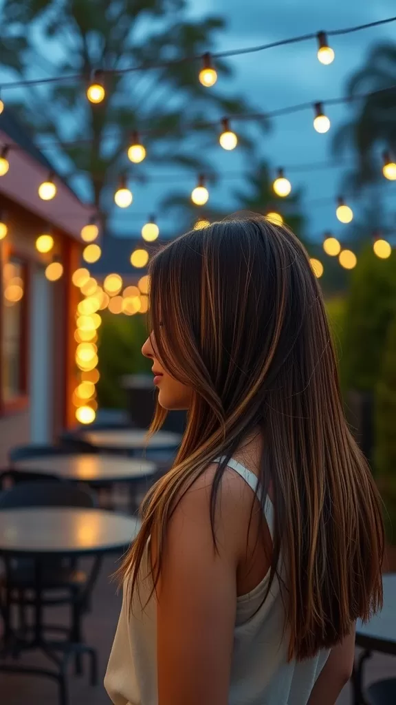 A woman with long straight hair featuring chunky highlights, standing outdoors with string lights in the background.
