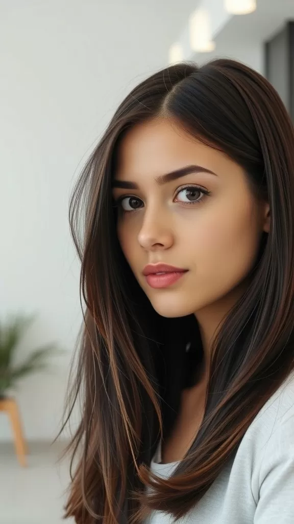 A woman with long straight hair featuring subtle invisible layers, showcasing a fresh and modern hairstyle.