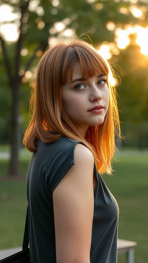 A young woman with straight hair and layered bangs, standing outdoors with a natural background.