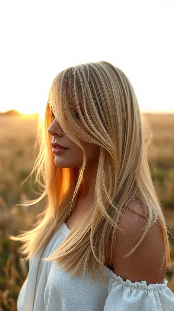 A woman with long straight hair featuring shag layers, standing in a field during sunset.
