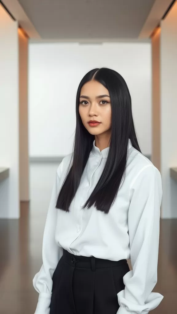 A woman with straight hair parted in the middle, wearing a white blouse and black trousers.