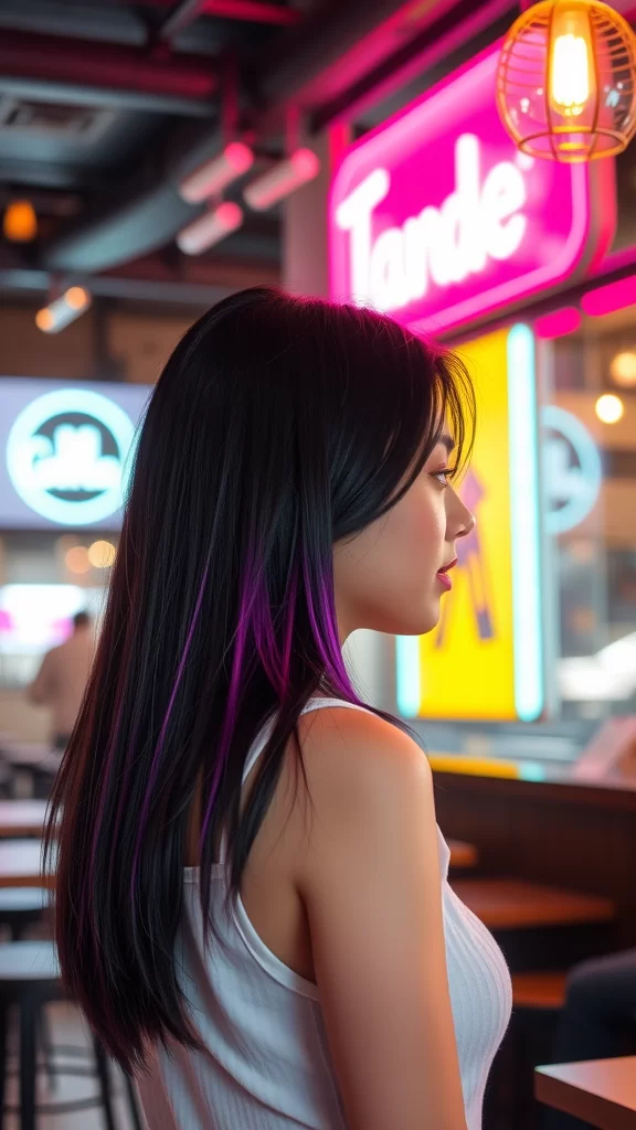 A woman with long straight hair featuring purple peekaboo highlights, smiling softly.