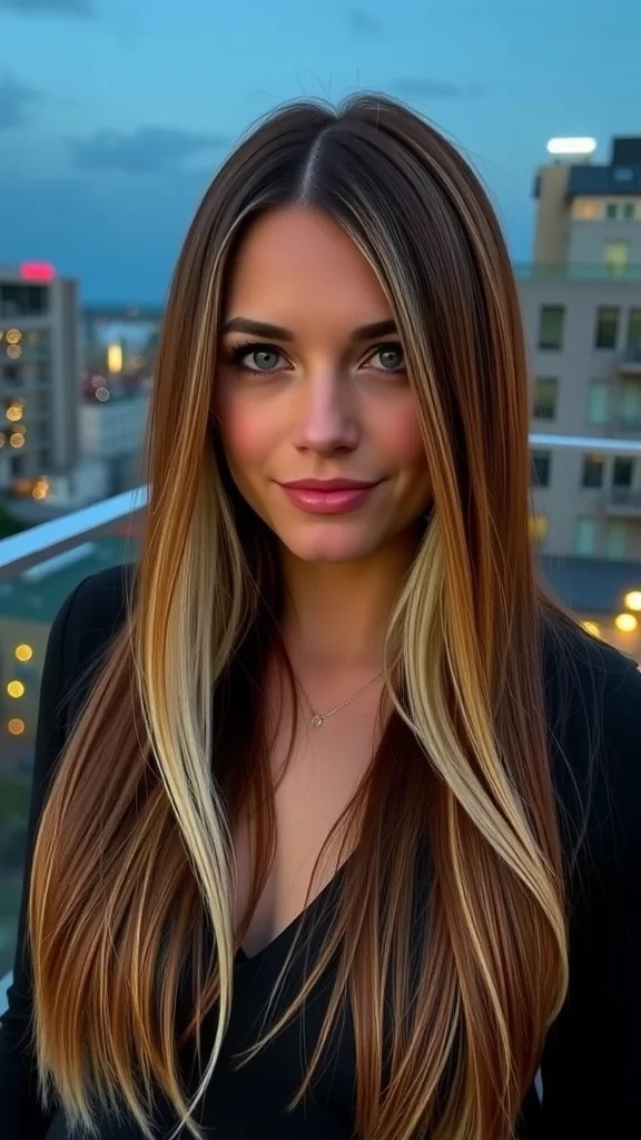 A woman with long straight hair featuring platinum tips, set against a city backdrop at dusk.