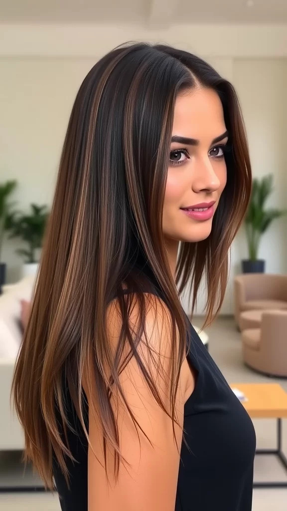 A woman with long straight hair featuring subtle balayage, looking back over her shoulder.