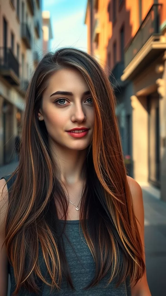 Woman with long straight hair featuring subtle layers and highlights, standing in a city street