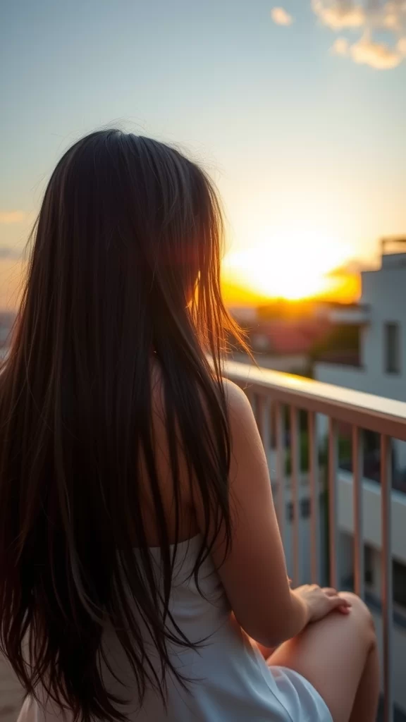 A woman with long straight hair and wispy ends looking at a sunset while seated on a balcony.