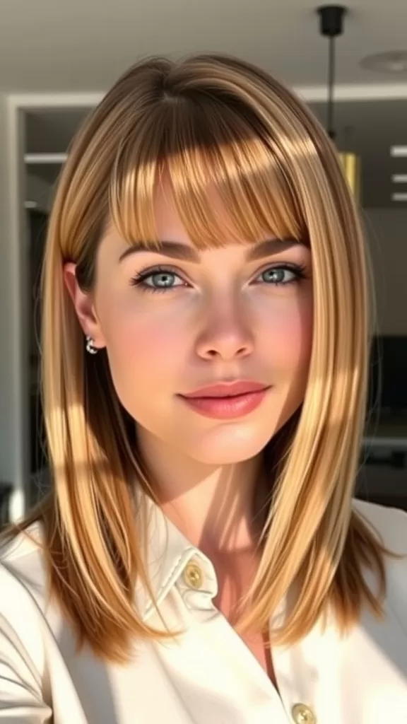 A woman with straight layered lob haircut and brow-skimming bangs, smiling at the camera.
