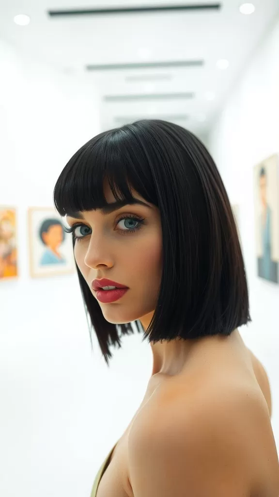 Model with straight lob haircut and angular bangs in an art gallery