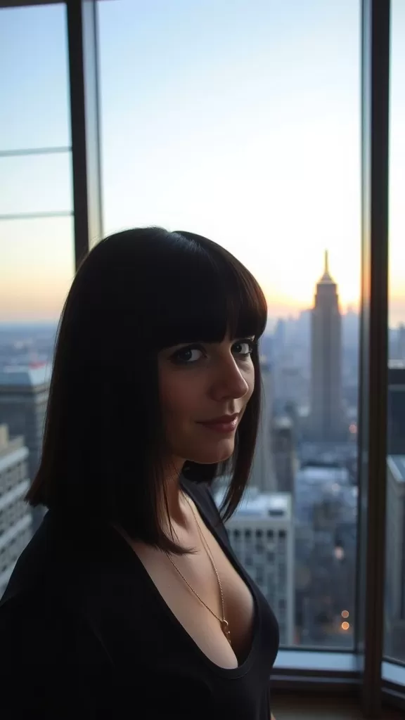 A woman with straight lob haircut and blunt bangs, set against a city skyline at sunset.